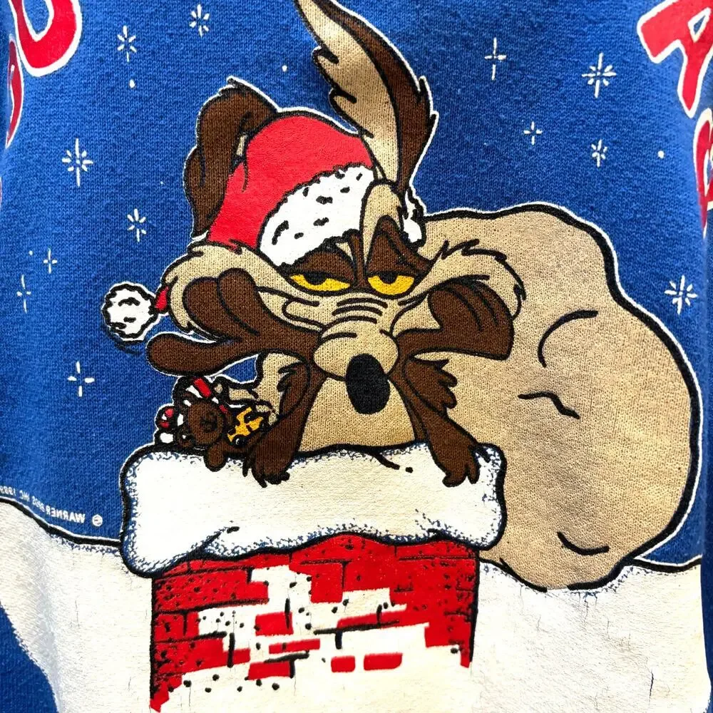 Vintage 90s Wile E Coyote Bah Humbug Christmas Sweatshirt Size Large Blue Looney